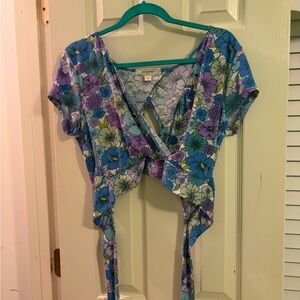 Free People Floral Wrap Blouse - Blue and Purple